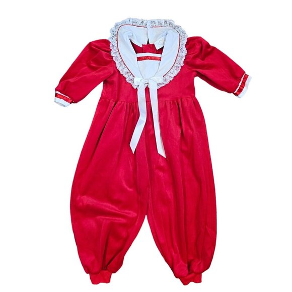 Vintage 90s Red Velvet Bubble Jumpsuit Bib Collar Satin‎ Bow 4T USA Puff Sleeve - Picture 1 of 11